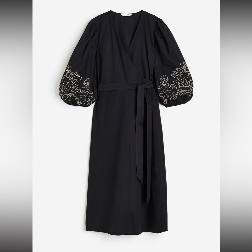 H&M Black Embroidered Puff-Sleeve Wrap Dress • Size S